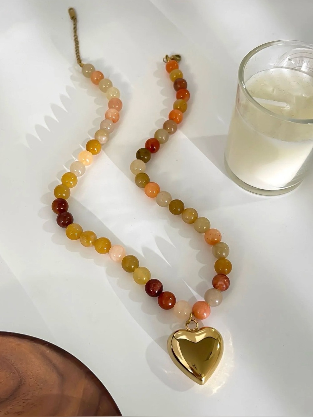 Natural Stones Beaded Necklace w/ Polished Stainless Steel Heart Pendant